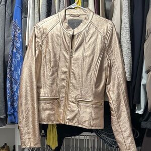 Metallic Rose Gold Leather Zip Jacket - Women